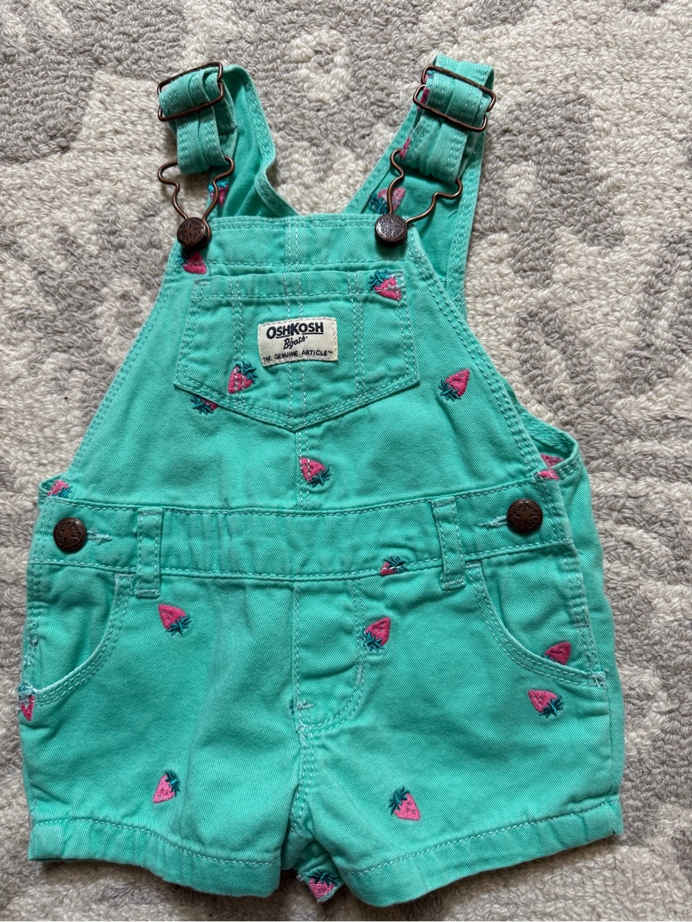 OshKosh B'gosh Mint Green Strawberry Embroidered Shortalls